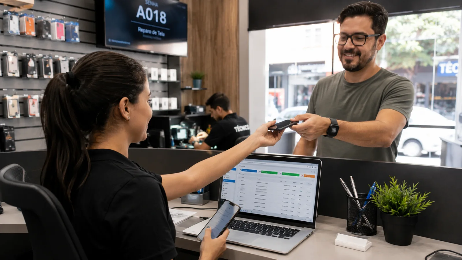 Atendimento de cliente em assistência técnica com o Moblyfix