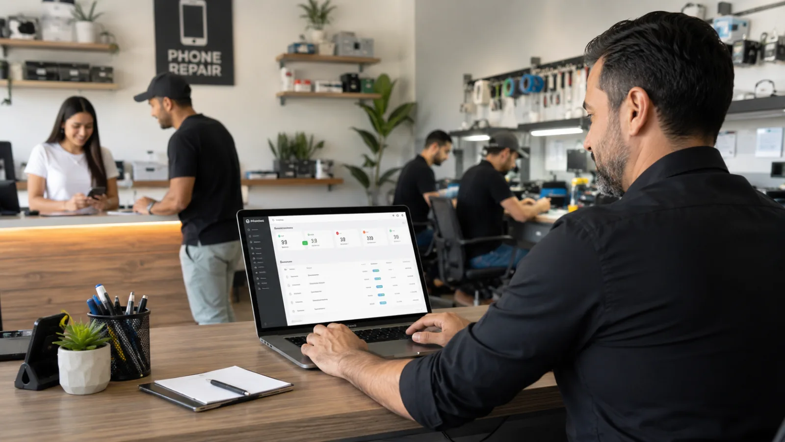 Dono de assistência técnica gerenciando a operação pelo Moblyfix