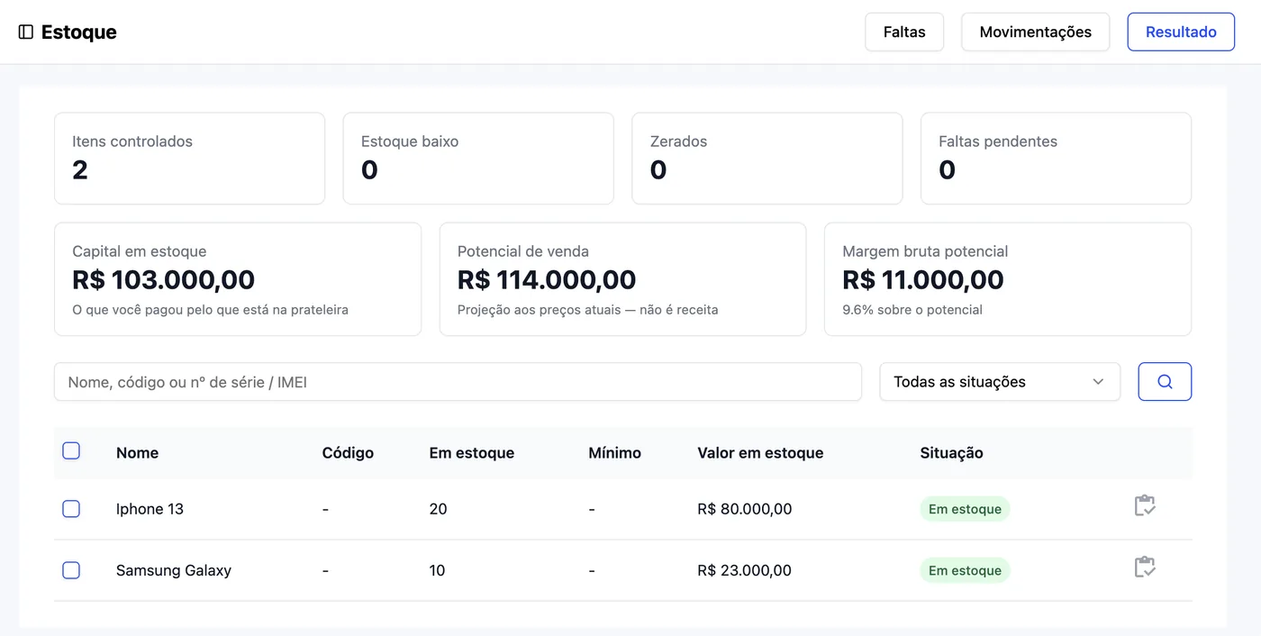 Tela de estoque da Moblyfix com itens controlados, capital em estoque, potencial de venda e margem bruta